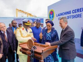 L-R Deputy Minister for Defence, Turkey, Suay Alpay, Chief of Naval Staff,Vice Admiral Emmanuel Ogalla, Minister of State for Defence, Dr Bello Matawalle, First Lady of the Federal Republic of Nigeria, Senator Oluremi Tinubu and President of Dearsan Ship yard, Aziz Yildrim