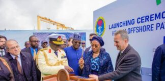 L-R Deputy Minister for Defence, Turkey, Suay Alpay, Chief of Naval Staff,Vice Admiral Emmanuel Ogalla, Minister of State for Defence, Dr Bello Matawalle, First Lady of the Federal Republic of Nigeria, Senator Oluremi Tinubu and President of Dearsan Ship yard, Aziz Yildrim
