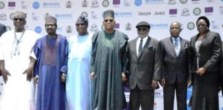 4th left, Vice President, Kashim Shettima, GCON, Senate President, Godswill Akpabio, Deputy Senate President, Jibrin Barau, on the Right, Chief Justice of Nigeria, Hon. Justice, Olukayode Ariwoola, Honourable Attorney General of the Federation and Minister of Justice, Lateef Fagbemi SAN, and other Dignitaries, during the National Summit on Justice, held at the National Judicial Institute, Abuja. 24/4/2024