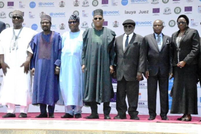 National Summit on Justice 4th left, Vice President, Kashim Shettima, GCON, Senate President, Godswill Akpabio, Deputy Senate President, Jibrin Barau, on the Right, Chief Justice of Nigeria, Hon. Justice, Olukayode Ariwoola, Honourable Attorney General of the Federation and Minister of Justice, Lateef Fagbemi SAN, and other Dignitaries, during the National Summit on Justice, held at the National Judicial Institute, Abuja. 24/4/2024