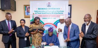 L-R: Mr Gwueke Ajifa, Executive Director Oil Producers Trade Section, Mrs Amina Ado Coorinating Director Large TaxPayers Group Federal Inland Revenue Service, Mrs Olu Verheijen Special Adviser to the President on Energy, Mr Wale Edun Honourable Minister of Finance/Coordinating Minister of the Economy, Mr Farouk Ahmed, Authority Chief Executive, Nigerian Midstream and Downstream Petroleum Regulatory Authority, Mr Gbenga Komolafe, Chief Commission Executive and Tajudeen Shobayo, Programme Coordinator, Office of the Special Adviser to the President on Energy
