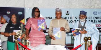 Permanent Secretary, Ministry of Labour and Employment, Ismaila Abubakar (right); Statistician-General of the Federation/CEO National Bureau of Statistics, Prince Adeyemi Adeniran (2nd right); Country Director, International Labour Organisation, Vanessa Phala (2nd left), and Director, Inspectorate, Olaolu Olaitan (left) during the launch of the 2022 Nigeria Child and Forced Labour Survey Reports, Abuja