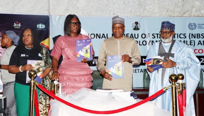 Permanent Secretary, Ministry of Labour and Employment, Ismaila Abubakar (right); Statistician-General of the Federation/CEO National Bureau of Statistics, Prince Adeyemi Adeniran (2nd right); Country Director, International Labour Organisation, Vanessa Phala (2nd left), and Director, Inspectorate, Olaolu Olaitan (left) during the launch of the 2022 Nigeria Child and Forced Labour Survey Reports, Abuja