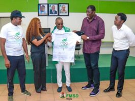 L- R The Secretary of the Nigeria Olympians Association, Emmanuel Babayero, Olympian medalist, Christy Opara, the Honourable Minister of Sports Development, Senator John Owan-Enoh, the President, Nigeria Olympians Association, Olamide Oyedeji and another member, Oluwafemi Ajiloye during the decoration of the Minister by the President of the Association.