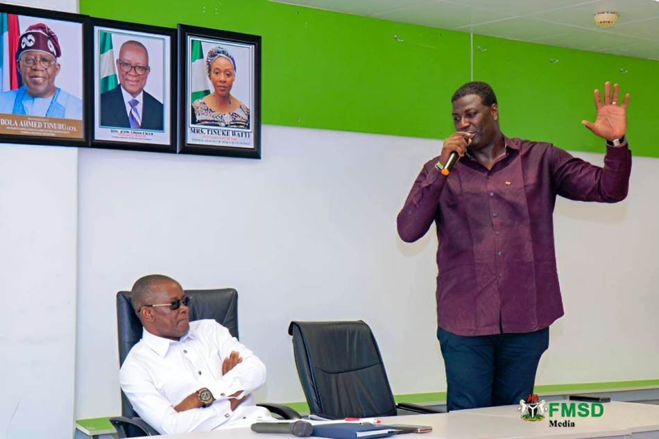 L- R The Secretary of the Nigeria Olympians Association, Emmanuel Babayero, Olympian medalist, Christy Opara, the Honourable Minister of Sports Development, Senator John Owan-Enoh, the President, Nigeria Olympians Association, Olamide Oyedeji and another member, Oluwafemi Ajiloye during the decoration of the Minister by the President of the Association.