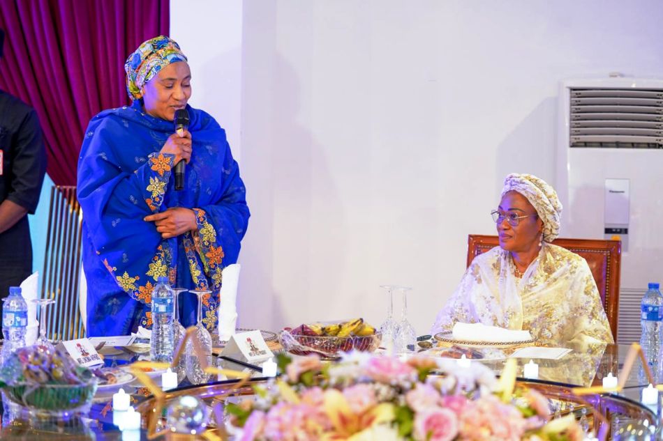L to R Wife of the Vice President Hajia Nana Shettima speaking at the Iftar hosted by the First Lady of the Federal Republic of Nigeria Senator Oluremi Tinubu while she listens