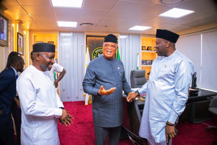 Pastor Umo Bassey Eno courtesy visit to the Ministry1 Honourable Minister of State Petroleum Resources (Gas) Rt. Hon. Ekperikpe Ekpo and the Permanent Secretary, Ministry of Petroleum Resources, Amb. Nicholas Agbo Ella welcoming Governor of Akwa Ibom State, His Excellency, Pastor Umo Bassey Eno to the Ministry.