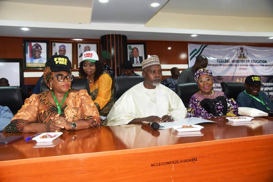 Honorable Minister of State for Education, Hon. Yusuf Tanko Sununu (middle), Permanent Secretary, Federal Ministry of Education, Mrs.Didi Walson-Jack, OON,mni (right) and Director, Educational Planning Research and Development, Mrs Anigboju at the 2Day Sector Retreat on the Modern Performance Management System (MPMS) for Heads of Departments, Units & Chief Executives of Parastatals/Agencies in Federal Ministry of Education held in Abuja on Friday.