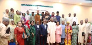 In a group Photograph, Minister of Education, Prof Tahir Mamman (C) , Minister of State for Education Hon Dr Yusuf Tanko Sununu,flanked ( L) , The Permanent Secretary (FME), Mrs Didi Walson-Jack, the Directors of FME and all Participants during Quarterly Citizen and Stakeholders Engagement in Abuja