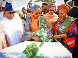 L-R Governor of Osun State, Senator Ademola Adeleke, First Lady of the Federal Republic of Nigeria Senator Oluremi Tinubu, Wife of the Vice President Hajia Shettima and the Wife of the Osun State Governor, Mrs Titilola Adeleke watching while Senator Oluremi Tinubu performs the Sod Turning of the Alternative High School for Girls, Oshogbo, Osun State on Tuesday 23rd April 2024