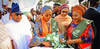 L-R Governor of Osun State, Senator Ademola Adeleke, First Lady of the Federal Republic of Nigeria Senator Oluremi Tinubu, Wife of the Vice President Hajia Shettima and the Wife of the Osun State Governor, Mrs Titilola Adeleke watching while Senator Oluremi Tinubu performs the Sod Turning of the Alternative High School for Girls, Oshogbo, Osun State on Tuesday 23rd April 2024