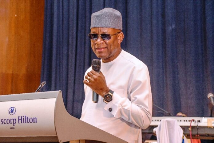Sports Tourism2 The Honourable Minister of Sports Development Senator John Owan-Enoh delivering his key note address at the 2024 inaugural African Sports and Tourism Award ceremony held at Congress Hall Transcorp Hilton Hotels Abuja