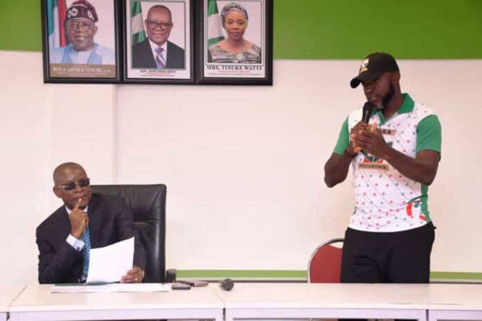 Sports Upgrade in the Country The Honourable Minister of Sports Development, Senator John Owan-Enoh being addressed by the Secretary Unity Schools Old Students Association, Anthony Anene Chidi, when the Association paid him a courtesy visit in his office recently.