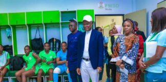 The Honourable Minister of Sports Development, Senator John Owan Enoh and the Permanent Secretary Ministry Sports Development, Tinuke Watti congratulating the Super Falcons after their match against Bayana Bayana of South Africa in Abuja recently.