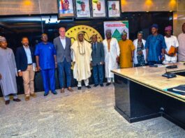 The Minister of State Abdullahi Tijjani Gwarzo, the Permanent Secretary Dr. Marcus Ogunbiyi, UN-Habitat deligation led by Mathias Spaliviero, alongside some directors of the Ministry, at the meeting with the delegation from the UN-Habitat.