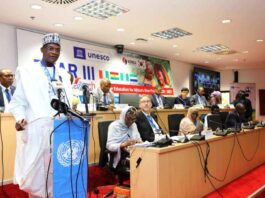 Hon. Minister Prof Tahir Mamman OON SAN giving a speech at the Lunching of the third phase of the Better Education for Africa's Rise ( BEAR III) at the UN House Abuja.