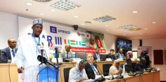 Hon. Minister Prof Tahir Mamman OON SAN giving a speech at the Lunching of the third phase of the Better Education for Africa's Rise ( BEAR III) at the UN House Abuja.