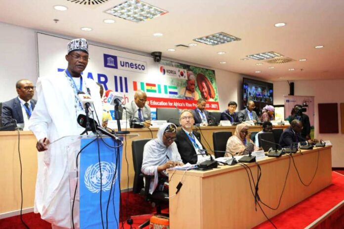 UNESCO and Nigerian Government1 Hon. Minister Prof Tahir Mamman OON SAN giving a speech at the Lunching of the third phase of the Better Education for Africa's Rise ( BEAR III) at the UN House Abuja.