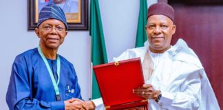 HE Kashim Shettima in warm handshake with LCCI President, Gabriel Idahosa, during the Counil's courtesy call on the VP yesterday evening at the Presidential Villa.