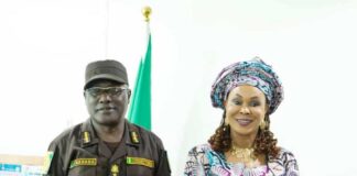 Controller General of the Nigeria Correctional Service, Haliru Nadaba and the Honourable Minister of Women Affairs, Barrister (Mrs) Uju Kennedy-Ohanenye when he led a delegation to her office in Abuja