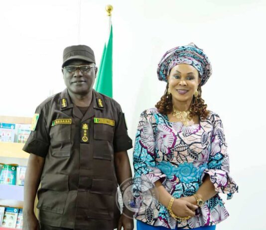 Controller General of the Nigeria Correctional Service, Haliru Nadaba and the Honourable Minister of Women Affairs, Barrister (Mrs) Uju Kennedy-Ohanenye when he led a delegation to her office in Abuja