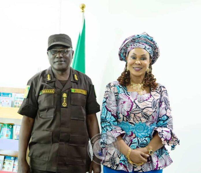 Women Affairs Ministry with Correctional Services2 Controller General of the Nigeria Correctional Service, Haliru Nadaba and the Honourable Minister of Women Affairs, Barrister (Mrs) Uju Kennedy-Ohanenye when he led a delegation to her office in Abuja