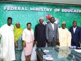 Minister of Education Prof Tahir Mamman OON, SAN, (C) Minister of State for Education, Hon. Dr. Yusuf Tanko Sununu(2nd Left), The Permanent Secretary Federal Ministry of Education, Mrs. Didi Esther Walson-Jack,( pink suit ), The President Abuja Chamber of Commerce and Industry Chief Emeka Obegolu (in gray suit) , The Former President ACCI , Prince Adeyokunbo Kayode and Other members of ACCI during a courtesy visit to the Honourable Minister at the Minister's Conference room Abuja.
