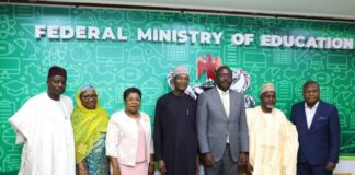 Minister of Education Prof Tahir Mamman OON, SAN, (C) Minister of State for Education, Hon. Dr. Yusuf Tanko Sununu(2nd Left), The Permanent Secretary Federal Ministry of Education, Mrs. Didi Esther Walson-Jack,( pink suit ), The President Abuja Chamber of Commerce and Industry Chief Emeka Obegolu (in gray suit) , The Former President ACCI , Prince Adeyokunbo Kayode and Other members of ACCI during a courtesy visit to the Honourable Minister at the Minister's Conference room Abuja.