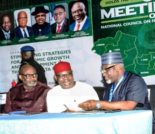 R-L,,, THE PERMANENT SECRETARY MNDD, *DR SHUAIB BELGORE* THE DEPUTY GOVERNOR OF DELTA STATE, *SIR MONDAY ONYEME* AND DELTA STATE SECRETARY TO THE GOVERNMENT, *DR.KINGSLEY EMUH* INTERACTING DURING THE COUNCIL MEETING IN ASABA, DELTA STATE..