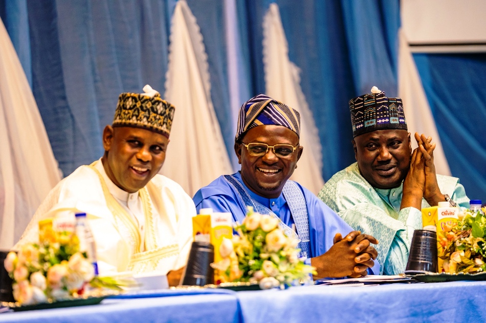 The Honourable Minister of Water Resources and Sanitation, Engr. Prof. Joseph Terlumun Utsev ( M ) The Honourable Minister of State, FMWRS, Rt. Hon. Bello Muhammad Goronyo Esq., (L) and the Honourable Minister of State, Agriculture and Food Security, Hon. Aliyu Sabi Abdullahi (R), during the public presentation