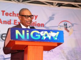 Representative of the Hon. Minister; Special Guest and Industry Keynote Speaker at the 4th International Drone Technology Conference & Expo; Permanent Secretary Ministry of Aviation & Aerospace Development; Dr. Emmanuel Meribole giving his Speech on the Emergence of Unmanned Aircraft Systems (UAS) at the Event.