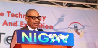 Representative of the Hon. Minister; Special Guest and Industry Keynote Speaker at the 4th International Drone Technology Conference & Expo; Permanent Secretary Ministry of Aviation & Aerospace Development; Dr. Emmanuel Meribole giving his Speech on the Emergence of Unmanned Aircraft Systems (UAS) at the Event.