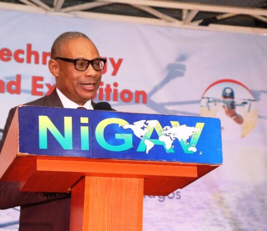Representative of the Hon. Minister; Special Guest and Industry Keynote Speaker at the 4th International Drone Technology Conference & Expo; Permanent Secretary Ministry of Aviation & Aerospace Development; Dr. Emmanuel Meribole giving his Speech on the Emergence of Unmanned Aircraft Systems (UAS) at the Event.
