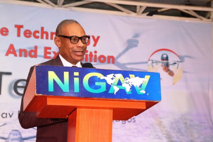 Representative of the Hon. Minister; Special Guest and Industry Keynote Speaker at the 4th International Drone Technology Conference & Expo; Permanent Secretary Ministry of Aviation & Aerospace Development; Dr. Emmanuel Meribole giving his Speech on the Emergence of Unmanned Aircraft Systems (UAS) at the Event.