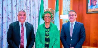 L-R Ambassador of Republic of Turkey to Nigeria Hidayet Bayraktar, First Lady of the Federal Republic of Nigeria Senator Oluremi Tinubu and the Deputy Head of Mission Mr Imdat Karakoc after their courtesy visit to the First Lady at the State House Abuja on Thursday 9th May 2024
