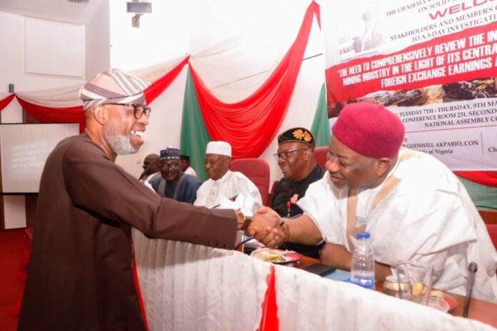 Alake Seeks Senate Support L-R: Minister of Solid Minerals Development, Dr. Dele Alake, member, Senate committee on Solid Minerals Development, Senator, Amos Yohanna, Sen. Mustapha Khabeeb, Chairman, Senate committee on Solid Minerals Development, Sen. Ekong Sampson and Senator, Onawu Ogoshi during an Investigative hearing on "The need to comprehensively review the input and output values of the Nigeria Mining Industry in the light of its central role to economic diversification, foreign exchange earnings and social inclusion" at the National Assembly complex in Abuja, on May 7, 2024. Senate committee on Solid Minerals Development,