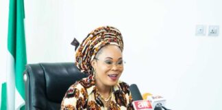 Honourable Minister of Women Affairs, Barrister (Mrs) Uju Kennedy giving an Update on the mass wedding of the orphan girls