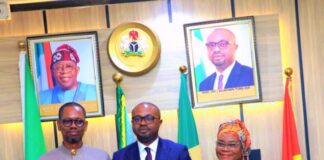 R-L: The Permanent Secretary Ministry of Interior, Dr. Aishetu Gogo Ndayako, Minister of Interior, Dr. Olubunmi Tunji-Ojo and the Executive Secretary, Border Communities Development Agency, Dr. Dakorinama George-Kelly during a courtesy visit on Tuesday 7th May, 2024.