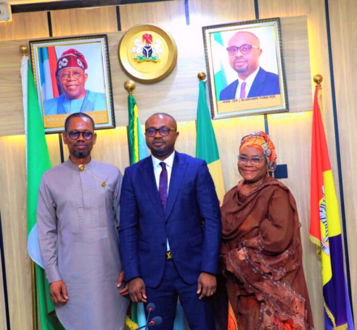 Border Communities Development Agency courtesy visit 2 R-L: The Permanent Secretary Ministry of Interior, Dr. Aishetu Gogo Ndayako, Minister of Interior, Dr. Olubunmi Tunji-Ojo and the Executive Secretary, Border Communities Development Agency, Dr. Dakorinama George-Kelly during a courtesy visit on Tuesday 7th May, 2024.