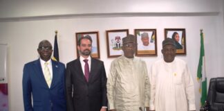 L-R: Vice President Interpol Africa) Rt, AIG Umar Garba; Vice President (INTERPOL) Mr. Valdecy Urquiza; Minister of Police Affairs, Senator Ibrahim Gaidam and Permanent Secretary, Dr. Nasir Sani Gwarzo during the visit of the INTERPOL team led by its Vice President Mr. Valdency Urquiza to the Headquarters of the Ministry of Police Affairs in Abuja,