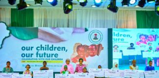 (in the middle) Wife of Vice President Hajia Nana Shettima, First Lady of Nigeria Senator Oluremi Tinubu with representatives of the schools that participated at the special event tagged Celebrating with Our Children with the theme, Our Children, Our Future after being presented with N10m cheques for their schools. The event was held in commemoration of the 1st anniversary of President Bola Tinubu Administration on Monday 27th May 2024