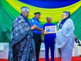 L-R: National Chairman of the Police Community Relations Committee (PCRC), Alhaji Mogaji Ibraheem; Olaniyan Deputy Commissioner of Police, DCP Olatunji Disu; Chairman, PCRC Board of Patron, Right Reverend Dr. Fyneface Akah Minister of State for Police Affairs, Hajia Imaan Sulaimon-Ibrahim and Inspector General of Police IGP Kayode Adeolu Egbetokun during the commemoration of the 40th anniversary of the Police Community Relations Committee (PCRC) with a theme “PCRC @40 Community Policing at its Best” held at the Merit House, Maitama Abuja.