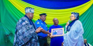 L-R: National Chairman of the Police Community Relations Committee (PCRC), Alhaji Mogaji Ibraheem; Olaniyan Deputy Commissioner of Police, DCP Olatunji Disu; Chairman, PCRC Board of Patron, Right Reverend Dr. Fyneface Akah Minister of State for Police Affairs, Hajia Imaan Sulaimon-Ibrahim and Inspector General of Police IGP Kayode Adeolu Egbetokun during the commemoration of the 40th anniversary of the Police Community Relations Committee (PCRC) with a theme “PCRC @40 Community Policing at its Best” held at the Merit House, Maitama Abuja.