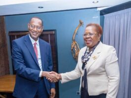 L-R: Hon. Minister of Housing and Urban Development, Arc. Ahmed Musa Dangiwa, and his counterpart Hon. Alice Wahome, Cabinet Secretary, Ministry of Lands, Public Works & Housing on the sidelines of the 2024 Executive Board Meeting of UN Habitat in Nairobi, Kenya.