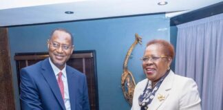 L-R: Hon. Minister of Housing and Urban Development, Arc. Ahmed Musa Dangiwa, and his counterpart Hon. Alice Wahome, Cabinet Secretary, Ministry of Lands, Public Works & Housing on the sidelines of the 2024 Executive Board Meeting of UN Habitat in Nairobi, Kenya.