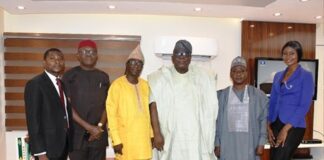 Hon. Chairman FCSC, Prof. Tunji Olaopa (Middle) with Dr. Simon Dolly, (Immediate Right), Prof. Samson Fatokun (Immediate Left) followed by (Hon. Commissioner-(Anambra, Ebonyi, and Enugu States)-Dr. Chamberlain Nwele (2nd Left), Barr. Malla Joshua Emmanuel (Far Left) (PA to Dr. Simon Dolly) and Miss. Blessing Utanung Michael (Far Right) Miss Christian Ambassador, Nigeria 2018/2019.