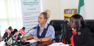 Honourable Minister of Women Affairs, Barrister (Mrs) Uju Kennedy-Ohanenye addressing journalists at the briefing. To her left is the Director, Women Development Department, Mrs. Funke Oladipo
