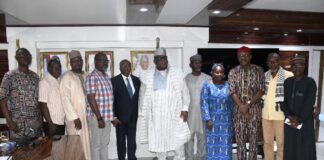 Hon. Chairman, Federal Civil Service Commission (FCSC), Prof. Tunji Olaopa (6th from left) with College of Education Academic Staff Union Association (CEASUA) President, Dr. Smart Olugbeko (4th from left) flanked (L & R) by members of the Union Executive and FCSC Commissioners during the Union courtesy visit to Prof. Olaopa on Thursday.