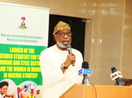 Hon Minister for Solid Minerals Development Dr Dele Alake during the Unveiling of the Gender Strategy