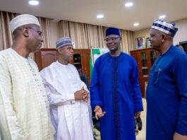 The Honourable Minister of Water Resources and Sanitation, Engr. Prof. Joseph Terlumun Utsev,(R), the Honourable Minister of State, Rt Honourable Bello Muhammad Goronyo Esq. (2nd L) and the Permanent Secretary, Alhaji Shehu Aliyu Shinkafi, received His Excellency, Governor Abdullahi Sule of Nasarawa state (2nd R) during a Courtesy visit on Tuesday 7th May, 2023 in Abuja.